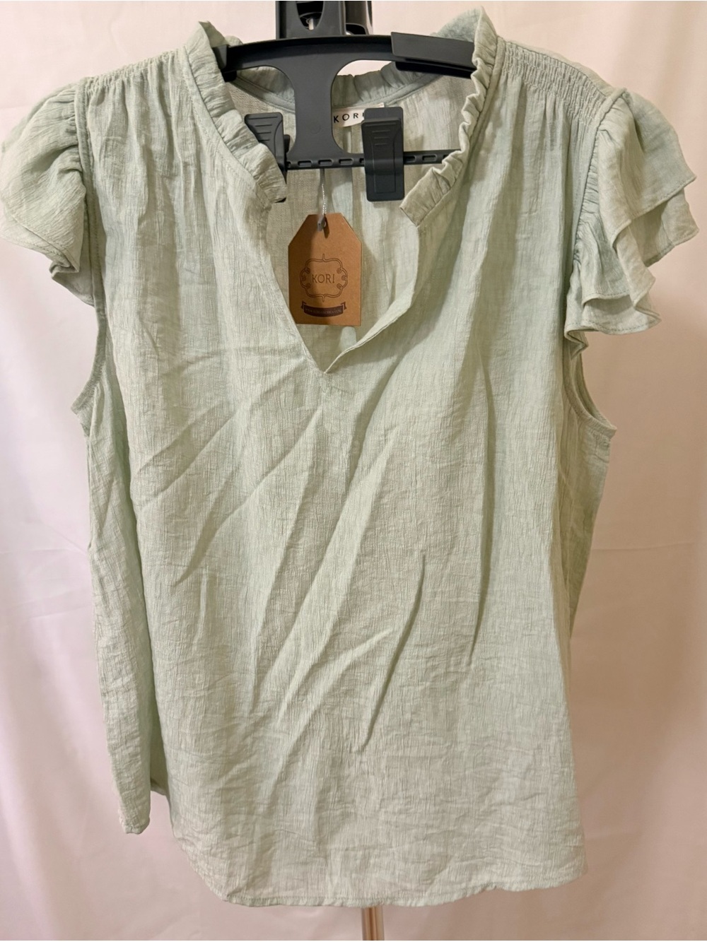 Kori women’s size small Light Sage Ruffle Sleeve V-Neck Women's Top